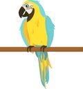 Vector illustration of a tropical macaw in yellow and blue coloring, sitting on a branch.
